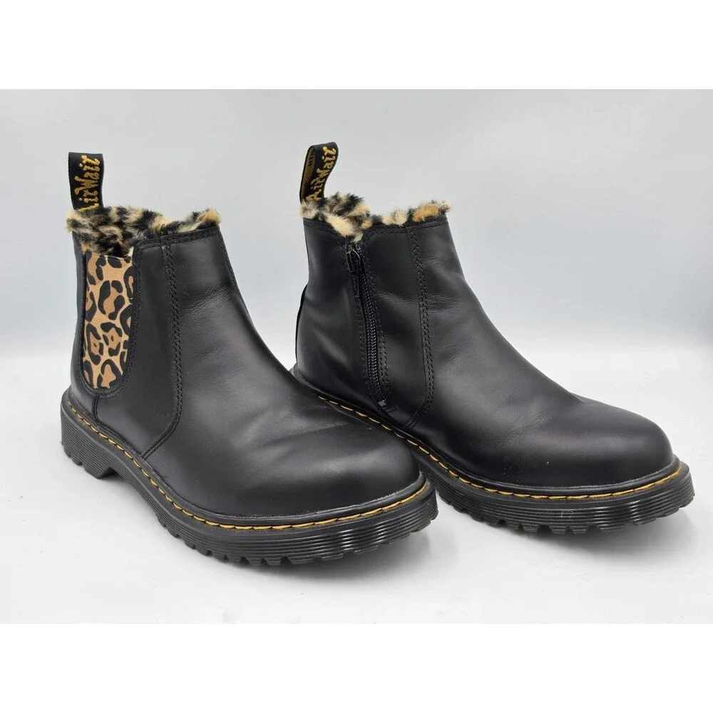 Dr Martens Kids Leonore Y Boots 2976 Black Romario Smoother Finish Leopard Sz 7